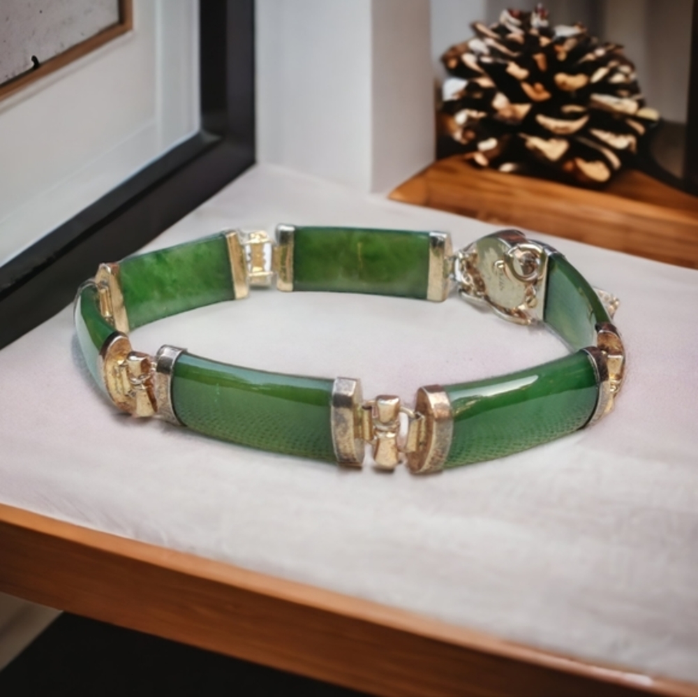 Antique sterling Chinese export jade bracelet
